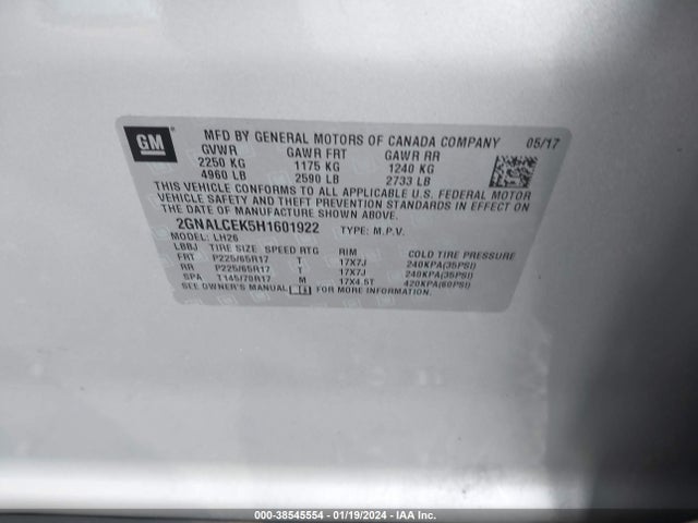 Chevrolet EQUINOX LT 2017 2GNALCEK5H1601922 Image 9