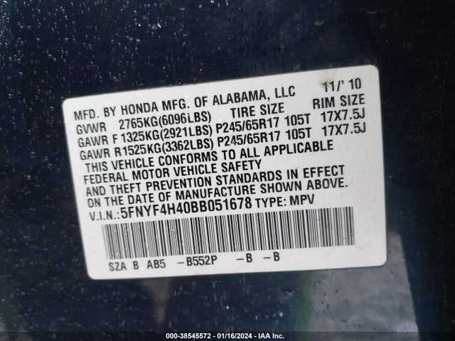Продажа на аукционе авто 2011 Honda Pilot Ex, vin: 5FNYF4H40BB051678, номер лота: 38545572