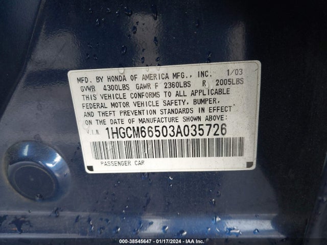 2003 HONDA ACCORD 3.0 EX VIN: 1HGCM66503A035726