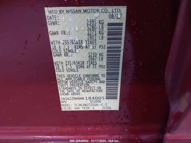 Nissan MURANO SL 2017 5N1AZ2MH6HN184005 Image 9