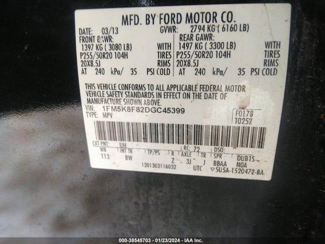 2013 FORD EXPLORER LIMITED VIN: 1FM5K8F82DGC45399