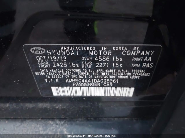 2013 HYUNDAI SONATA HYBRID LIMITED VIN: KMHEC4A41DA098361