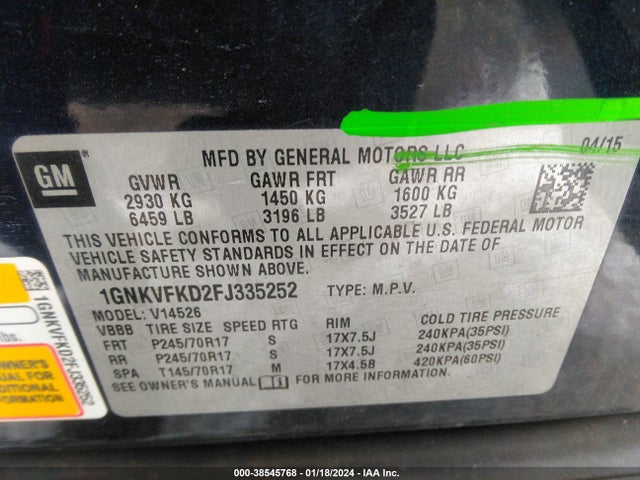 Chevrolet Traverse Ls 2015 1GNKVFKD2FJ335252 Image 9
