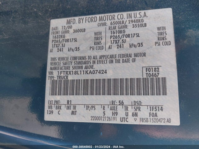 2001 FORD F-150 LARIAT/XL/XLT VIN: 1FTRX18L11KA07424