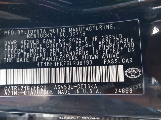 Toyota CAMRY SE 2016 4T1BF1FK7GU206193 Image 9
