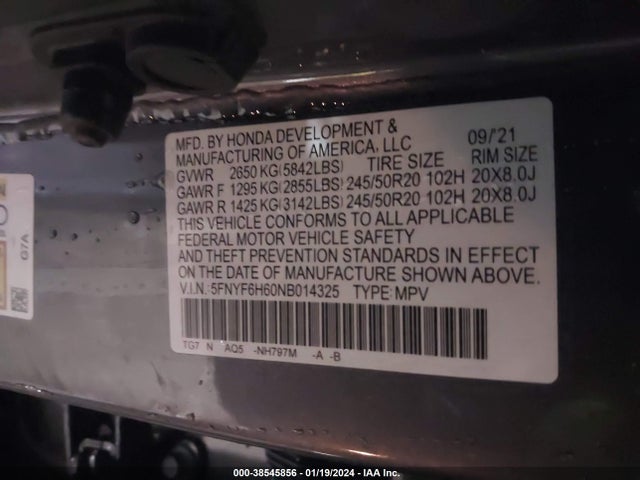 Honda Pilot Awd Touring 7 Passenger 2022 5FNYF6H60NB014325 Image 9