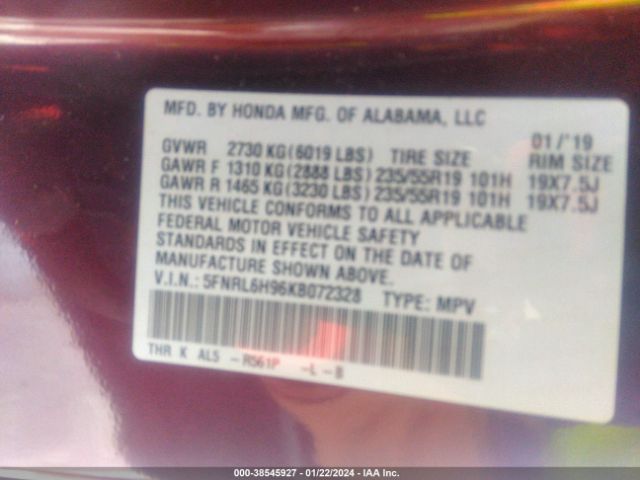 5FNRL6H96KB072328 Honda Odyssey Elite