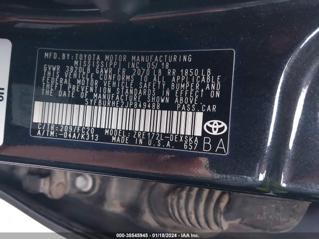 Toyota COROLLA SE 2018 5YFBURHE2JP849488 Image 9