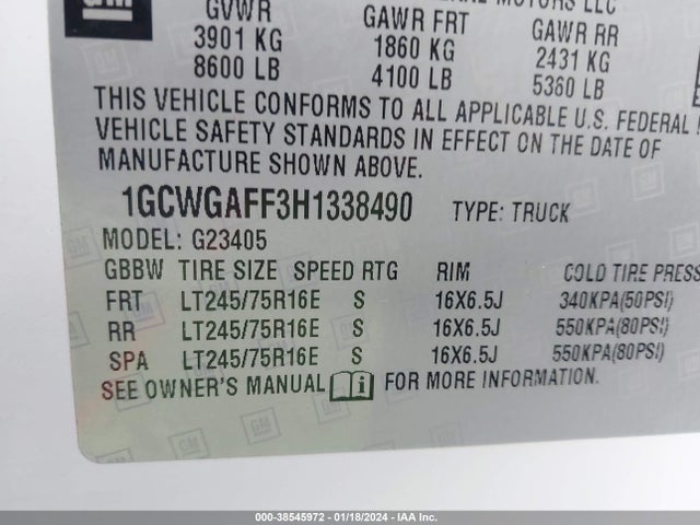 Chevrolet Express 2500 Work Van 2017 1GCWGAFF3H1338490 Image 9