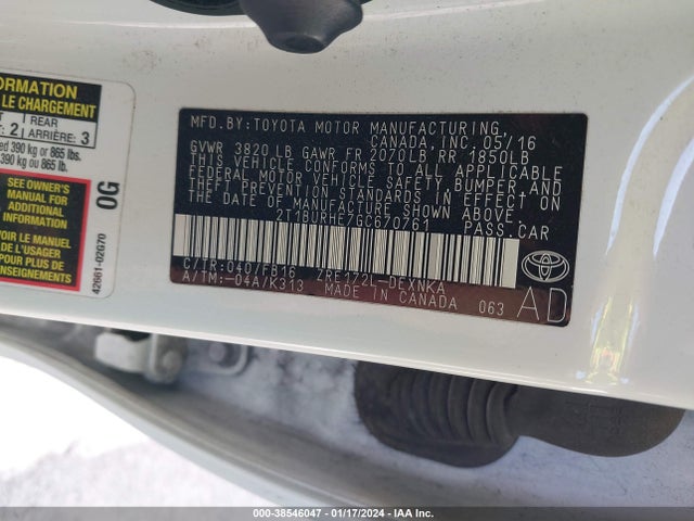 2016 TOYOTA COROLLA LE VIN: 2T1BURHE7GC670761