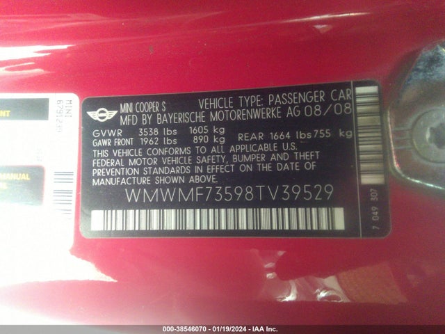 2008 MINI COOPER S WMWMF73598TV39529 Photo 8