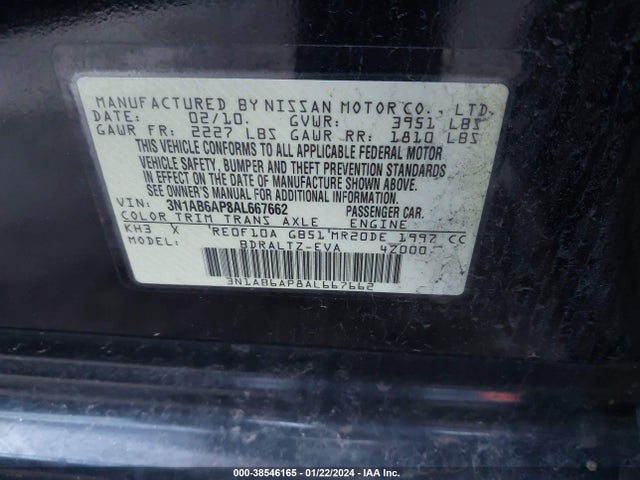 38546165 :رقم المزاد ، 3N1AB6AP8AL667662 vin ، 2010 Nissan Sentra 2.0sr مزاد بيع