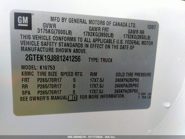 2008 GMC SIERRA 1500 SLE2 VIN: 2GTEK19J881241256