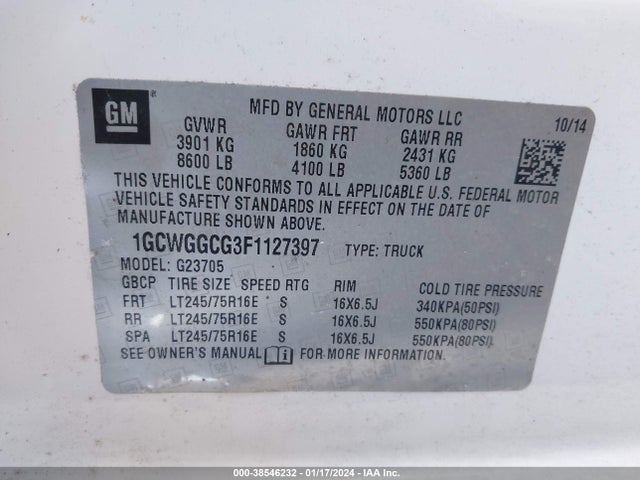 Chevrolet Express 2500 Work Van 2015 1GCWGGCG3F1127397 Image 9