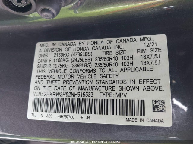 Honda Cr-v Awd Ex 2022 2HKRW2H52NH615533 Image 9