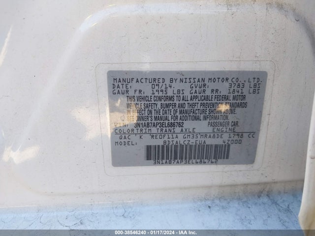2014 NISSAN SENTRA S VIN: 3N1AB7AP3EL686762