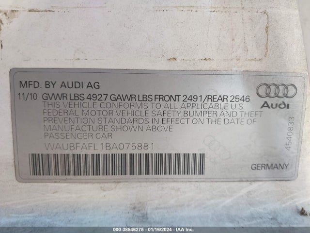 2011 AUDI A4 2.0T PREMIUM VIN: WAUBFAFL1BA075881