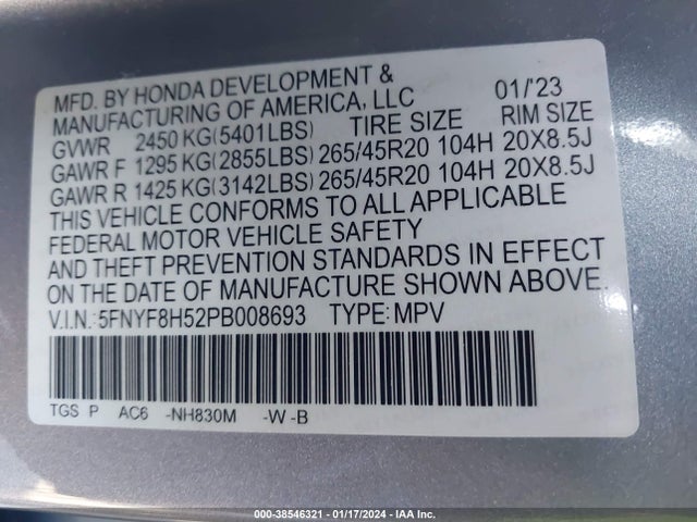 Honda Passport Awd Ex-l 2023 5FNYF8H52PB008693 Image 9