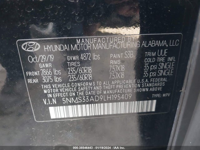 Hyundai Santa Fe Sel 2020 5NMS33AD9LH195409 Image 9