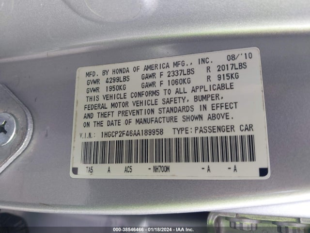 2010 HONDA ACCORD 2.4 LX-P VIN: 1HGCP2F46AA189958