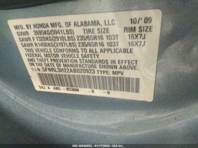 2010 HONDA ODYSSEY LX VIN: 5FNRL3H22AB020923