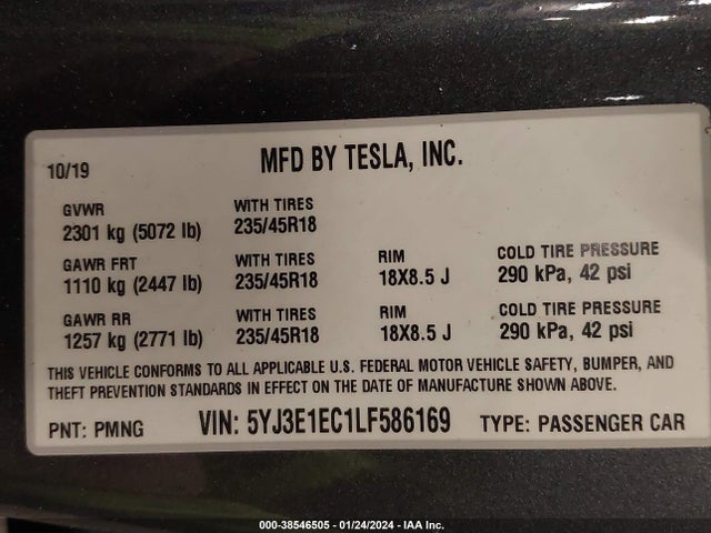 5YJ3E1EC1LF586169 Tesla Model 3 Performance Dual Motor All-wheel Drive