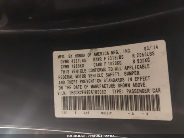 Honda Accord Ex-l 2014 1HGCR2F89EA180092 Image 9