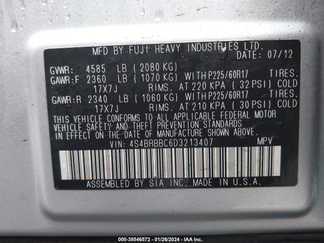 2013 SUBARU OUTBACK 2.5I PREMIUM VIN: 4S4BRBBC6D3213407