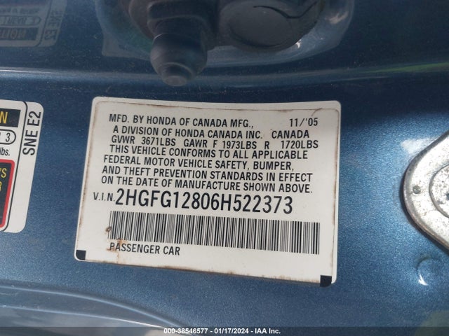 2006 HONDA CIVIC EX VIN: 2HGFG12806H522373