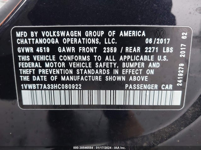 1VWBT7A33HC080922 Volkswagen Passat 1.8t Se