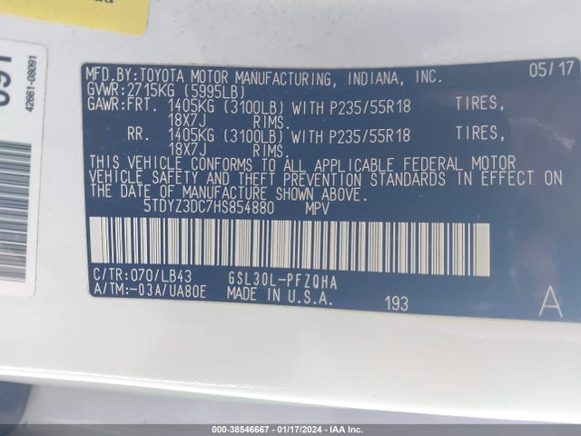 2017 TOYOTA SIENNA LIMITED 7 PASSENGER VIN: 5TDYZ3DC7HS854880