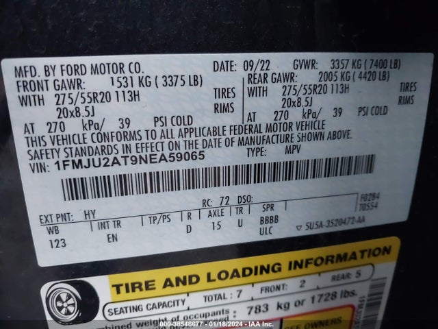 2022 FORD EXPEDITION LIMITED VIN: 1FMJU2AT9NEA59065