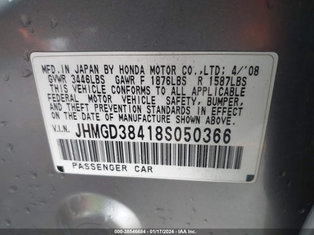 2008 HONDA FIT VIN: JHMGD38418S050366