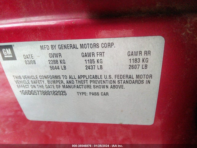 2008 CADILLAC CTS STANDARD VIN: 1G6DG577880182025