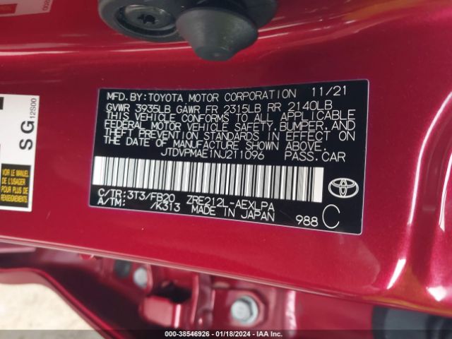 JTDVPMAE1NJ211096 Toyota COROLLA LE