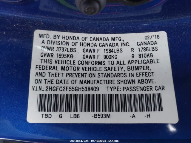 Honda k20c2 2016 2HGFC2F55GH538409 Image 21