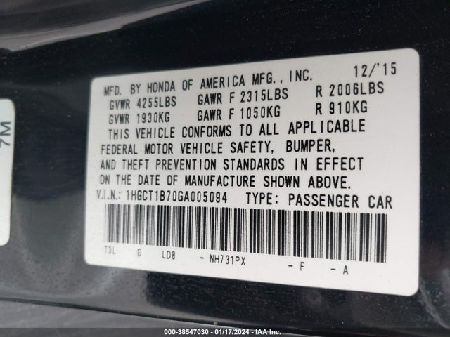 Honda ACCORD EX 2016 1HGCT1B70GA005094 Image 9
