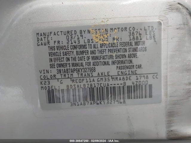Nissan SENTRA S 2019 3N1AB7AP6KY327968 Image 9