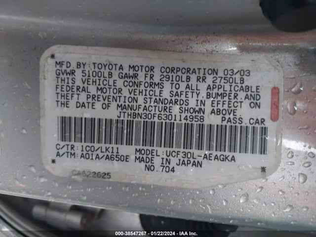 2003 LEXUS LS 430 VIN: JTHBN30F630114958