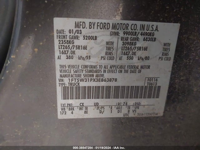 2003 FORD F-350 LARIAT/XL/XLT VIN: 1FTSW31PX3EB63878