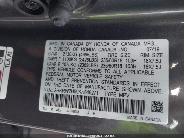 Honda CR-V EX 2019 2HKRW2H59KH649271 Image 9