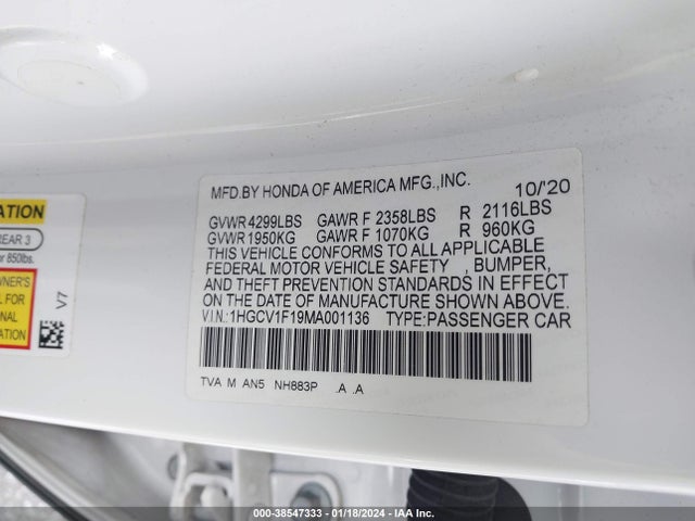 Honda ACCORD LX 2021 1HGCV1F19MA001136 Image 9