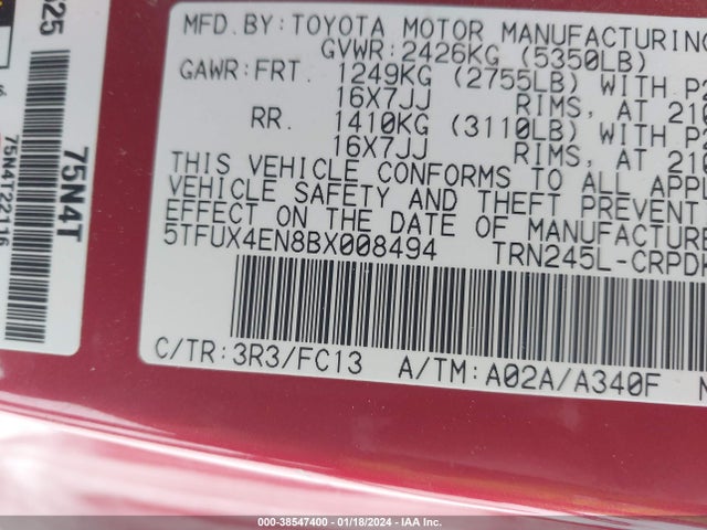 2011 TOYOTA TACOMA VIN: 5TFUX4EN8BX008494