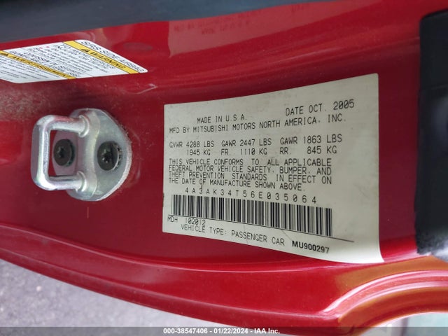2006 MITSUBISHI ECLIPSE GT VIN: 4A3AK34T56E035064