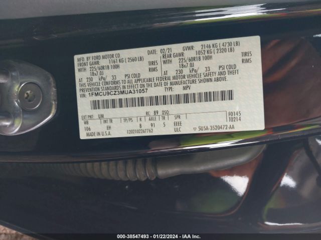1FMCU9CZ3MUA31057 Ford Escape Sel Hybrid