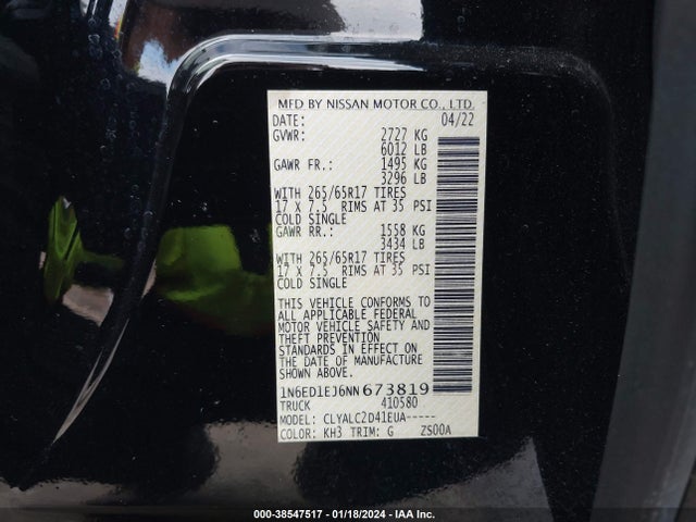2022 Nissan Frontier Sv 4x2 მანქანა იყიდება აუქციონზე, vin: 1N6ED1EJ6NN673819, აუქციონის ნომერი: 38547517