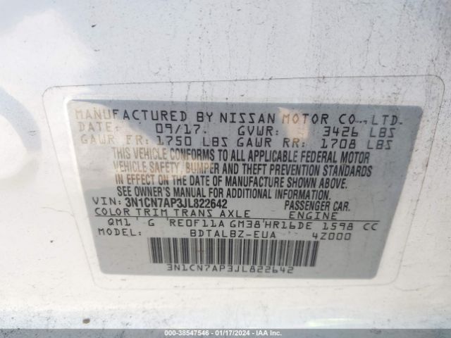 3N1CN7AP3JL822642 Nissan Versa 1.6 Sv