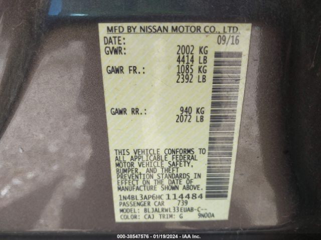 1N4BL3AP6HC114484 Nissan Altima 3.5 Sl/3.5 Sr