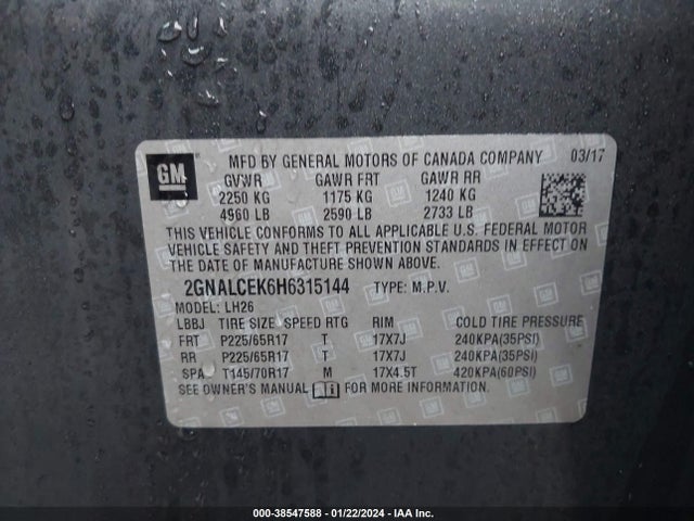 Chevrolet EQUINOX LT 2017 2GNALCEK6H6315144 Image 9