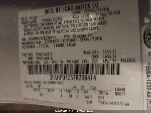 2007 FORD FUSION SE VIN: 3FAHP07Z57R238414